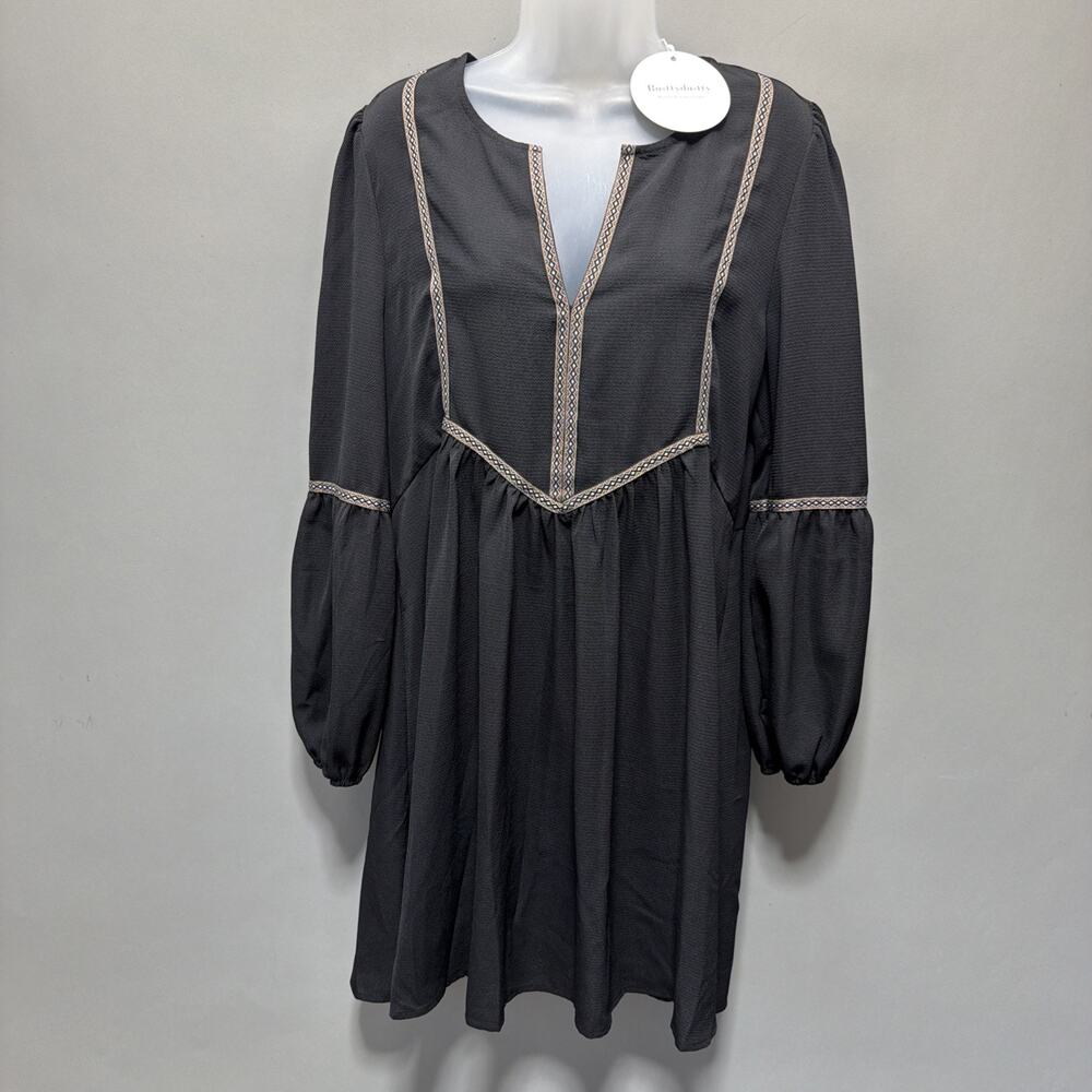 RUSTYDUSTY BOHEMIAN BLACK TUNIC SMOCK DRESS V NECK NWT Size L - Picture 2 of 10
